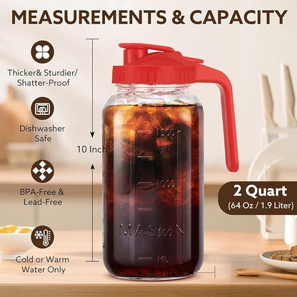 Glass Pitcher with Lid, 64 OZ Mason Jar Pitcher Double Leak Proof, 2 Quart Breast Milk Storage Containers for Fridge, Wide Mouth Glass Jar for Sun Tea, Juice, Cold Brew Coffee