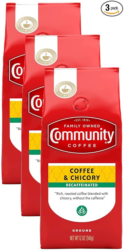 Community Coffee Decaf Coffee and Chicory 12 Ounce, Medium Dark Roast Ground Coffee, 12 Ounce Bag (Pack of 3)