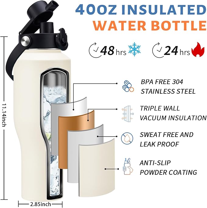 40 oz Insulated Water Bottle with Straw - Metal Water Bottle with Straw & Pop-up Chug Lid, Carrying Case, Skinny Leak-proof Stainless Steel Tumbler Coffee Cup Fits in Car Cup Holder