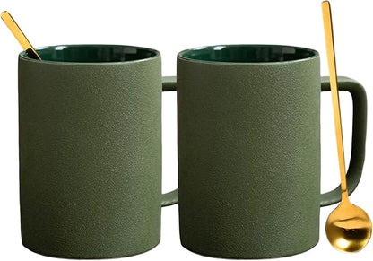 Coffee Mugs Matte Frosted Porcelain Tea Cup Home Office Restaurant Drinking Cups with Long Small Cute Coffee Spoons, Set of 2, 2 Mugs 2 Spoons, Safe for Microwave & Dishwasher, Gift Ideas, Green/Gold