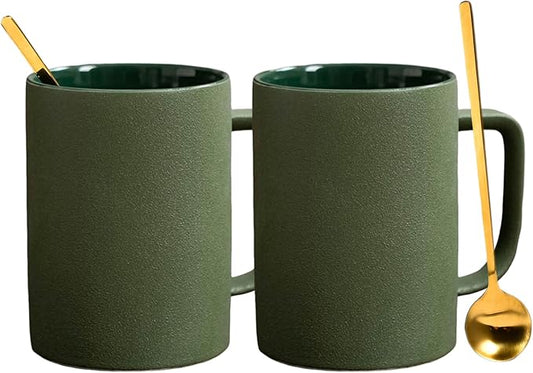 Coffee Mugs Matte Frosted Porcelain Tea Cup Home Office Restaurant Drinking Cups with Long Small Cute Coffee Spoons, Set of 2, 2 Mugs 2 Spoons, Safe for Microwave & Dishwasher, Gift Ideas, Green/Gold