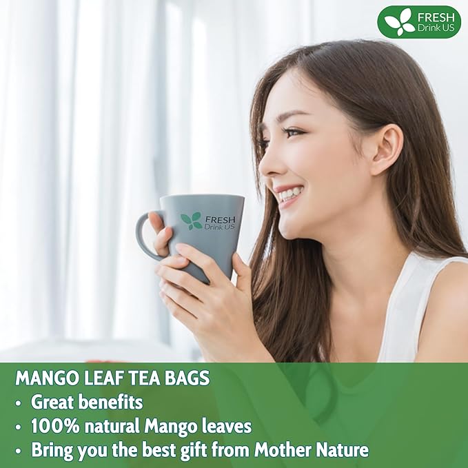 FreshDrinkUS, Premium 60 Mango Leaf Tea Bags, 100% Natural & Pure from Mango Leaves. Loose Leaf Herbal Tea. No Sugar, No Caffeine, No Gluten, Vegan.