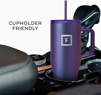 IRON °FLASK Co-Pilot Insulated Mug w/Straw & Flip Cap Lids - Cup Holder Bottle for Hot, Cold Drink - Leak-Proof - Water, Coffee Portable Travel Mug - Cashmere Cream, 32 Oz