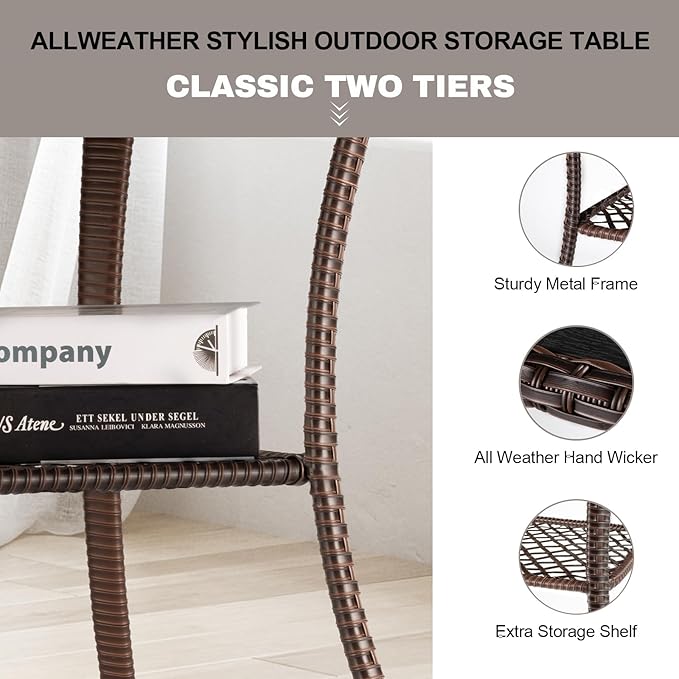 Outdoor Side Table Patio Wicker Coffee Table Outdoor End Table Rattan Bistro Table with Storage & Poly Lumber Table Top Square for Outside Balcony Porch Backyard Deck Brown