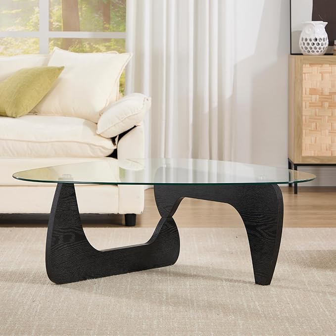 Modern Noguchi Coffee Table, Triangle Coffee Table with Tempered Glass Modern Vintage Glass Tea Table Wood Glass Accent Center Table for Living Room, 44.5”x32”x16.5”, Black Transparent