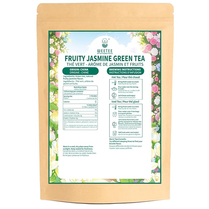 WT WEETEE Fruity Jasmine Green Tea Bags 100 Counts, Flavored Green Tea with Jasmine, Grapes, Passionfruit & Strawberry Aroma, Natural, Balanced & Refreshing