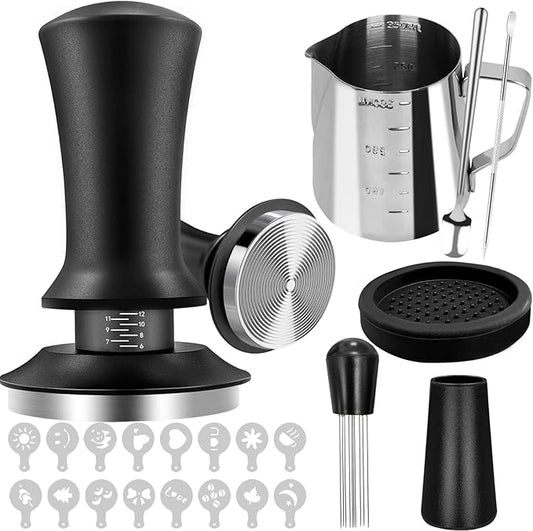 53mm Espresso Tamper Set, 22Pcs Espresso Accessories Kit, Spring Loaded Calibrated Espresso Tamper with WDT Tool, Tamper Mat, Coffee Stirrer, Frothing Pitcher, Latte Art Pen and 16 Decorative Stencils
