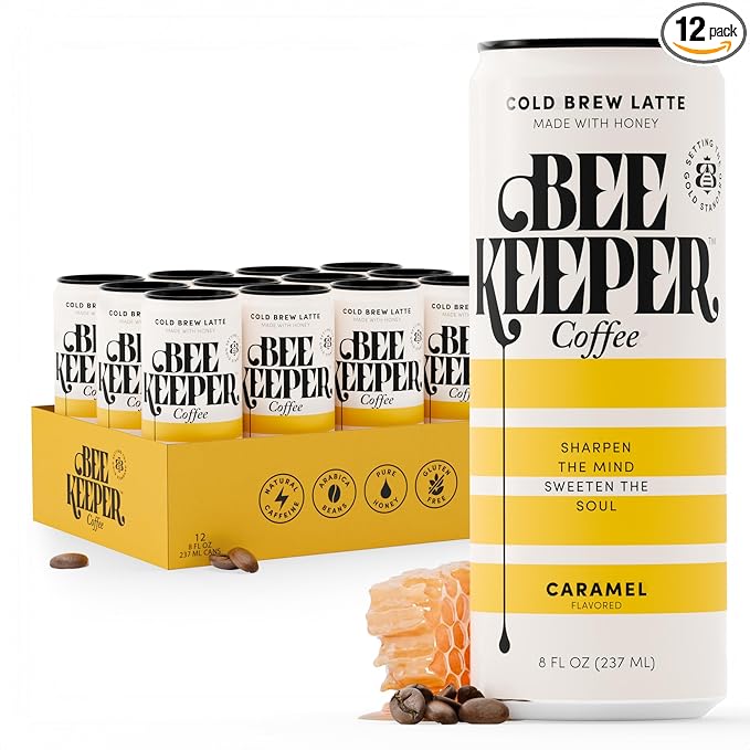 Beekeeper Coffee Cold Brew Caramel Latte with Oregon Honey, 8 fl oz cans (Pack of 12), Ready-to-Drink, 125mg Natural Caffeine