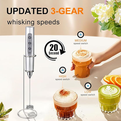 YUSWKO Silver Rechargeable Milk Frother for Coffee with Stand, Handheld Drink Mixer with 3 Heads 3 Speeds Electric Stirrers for Latte, Cappuccino, Hot Chocolate, Egg