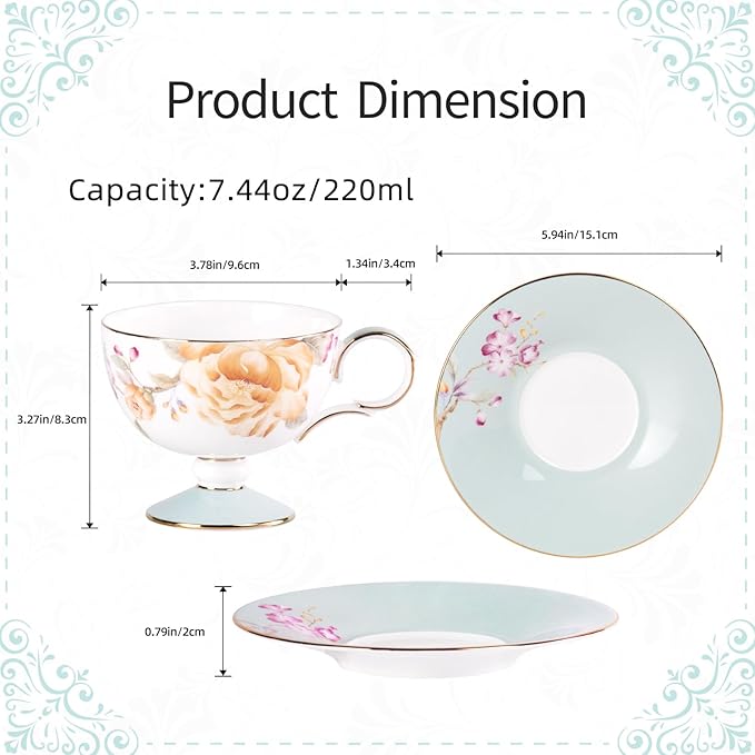 KAMMAK Ceramic Coffee Cups Saucers Set of 2, Porcelain Espresso Cups with Saucers, 7.44 oz Handcrafted Elegant Bone China Tea Cups, Yellow Peony Floral Pattern Teacup for Party, Office, Women Gift