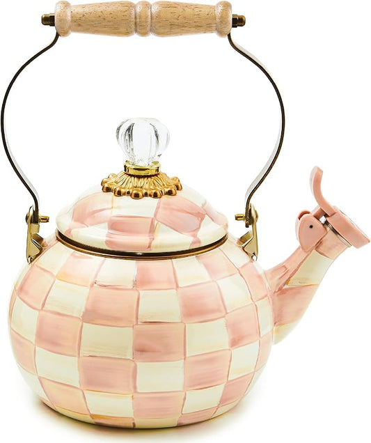 MACKENZIE-CHILDS Enamel Whistling Tea Kettle, Decorative Teapot, Pink-and-White Rosy Check