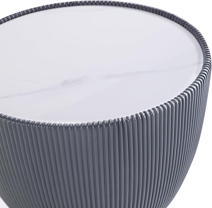 Manhattan Comfort Modern Anderson Coffee Table, 1.0 & 2.0 End Table, Upholstered in Cream and Grey Leatherette with Ceramic Faux Tabletop and Gold Metal Tabletop- Set of 3