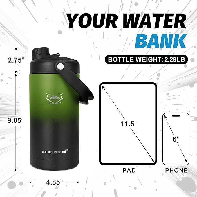 NATURE PIONEOR Insulated Water Bottles with Strap - 64 oz Stainless Steel Vacuum Wide Mouth Bottle with Holder/Carrier/Sleeve - 18/8 Food Grade 64oz Half Gallon Water Jug