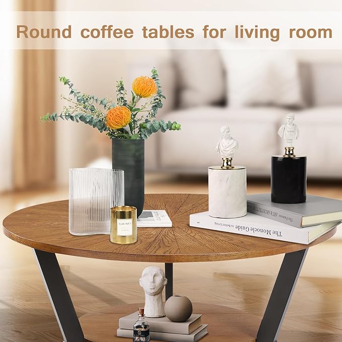 Round Wood Coffee Table for Living Room, 2-Tier Rustic Circle Table with Storage, Solid Natural Top with Metal Legs, Radial Pattern 35'x 17'