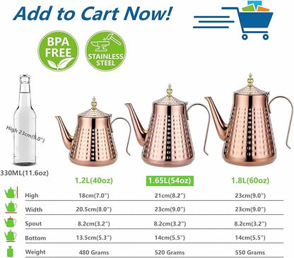 SANQIAHOME 1.6L(54oz) Stainless Steel Hammer Patterned Teapot With Removeable Infuser,Loose leaf cover,Copper