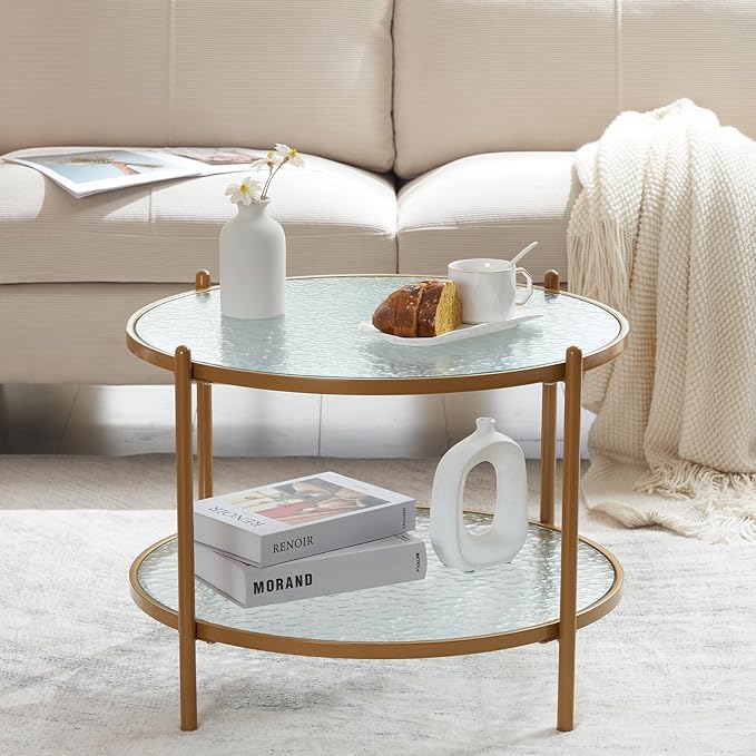 VINGLI 25.6" Small Matte Gold Round Coffee Table Water-Wave Glass Circle Clear Coffee Table, Center Table with 2-Tier Modern Storage Design for Living Room, Bedroom, Meeting Room, Balcony, Patio