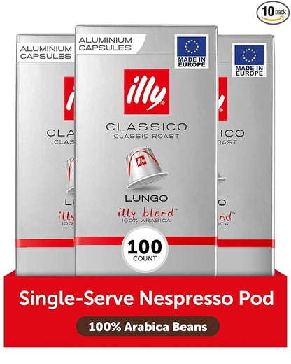 illy Aluminum Espresso Capsules - Compatible with Nespresso Machines - Classico Lungo Roast Coffee - Mild & Balanced - Notes Of Caramel, Orange Blossom & Jasmine - 10 Count (Pack of 10)