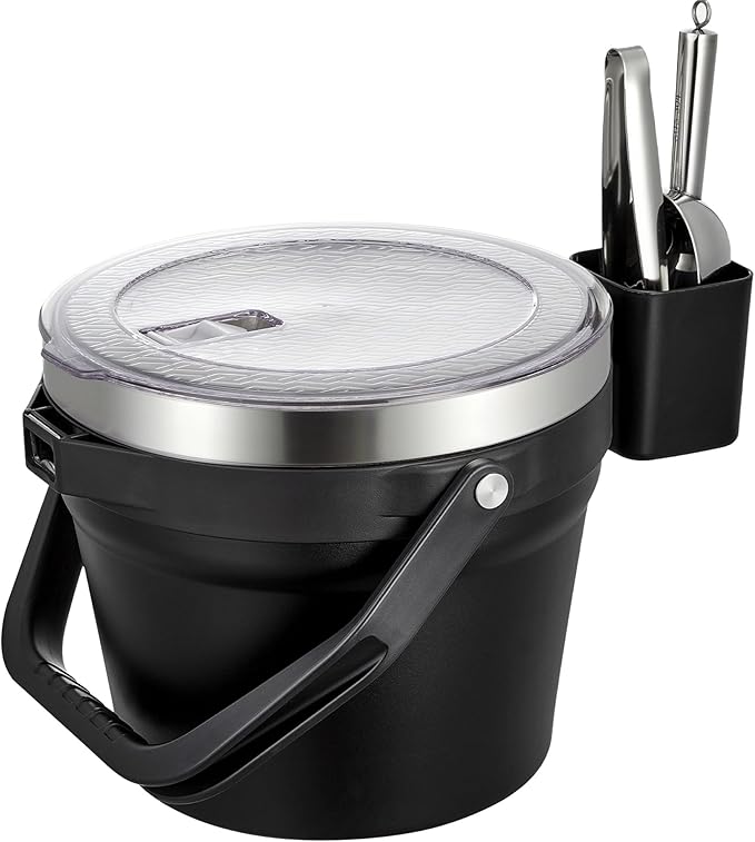 COKTIK 7L Vacuum Insulated Ice Bucket with Lid and Scoop& Tongs，Large capacity Stainless Steel Beverage Bucket for Cocktail, Champagne, Wine, Beer，Large Parties（Carbon Black Suit）