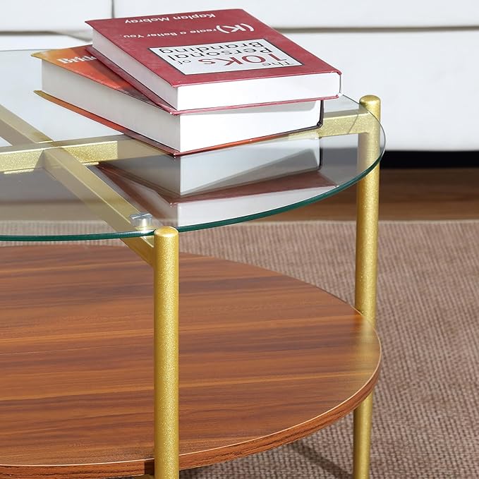 Round Glass and Wood Coffee Tables for Living Room, Mid Century Center Table with Clear Glass Top, Solid Brown Storage Shelf and Sturable Gold Legs for Small Space, Office, Department