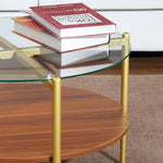 Load image into Gallery viewer, Round Glass and Wood Coffee Tables for Living Room, Mid Century Center Table with Clear Glass Top, Solid Brown Storage Shelf and Sturable Gold Legs for Small Space, Office, Department