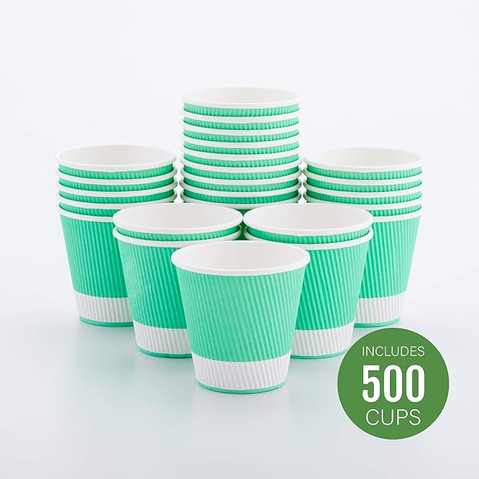 Restaurantware 8 Ounce Double Wall Disposable Coffee Cups, 500 Insulated Light Green Paper Tumblers Ripple Wall Design, Lids Sold Separately for Hot Drinks like Tea, Hot Chocolate and More