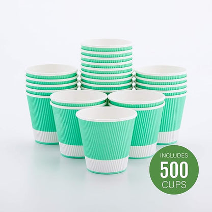 Restaurantware 8 Ounce Double Wall Disposable Coffee Cups, 500 Insulated Light Green Paper Tumblers Ripple Wall Design, Lids Sold Separately for Hot Drinks like Tea, Hot Chocolate and More