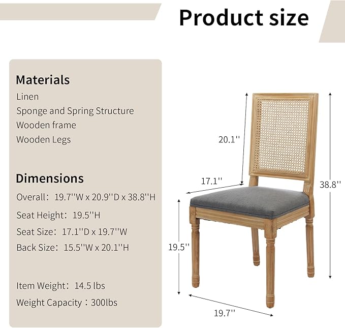 Vintage French Country Dining Chairs Set of 2, Rattan Dining Chairs with a Square Back, Grey Upholstered Dining Chair, Sillas para Comedor, Kitchen & Dining Room Chair (Gray, Rattan, 2Pcs)