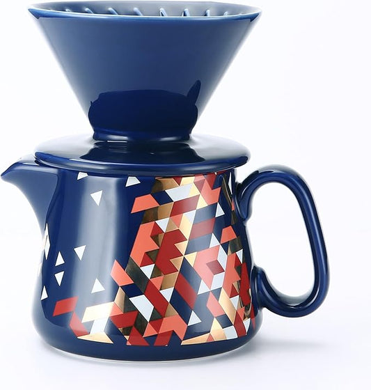 Pour Over Coffee Maker, Ceramic Coffee dripper with 100 pcs V60 Paper Filter, Ceramic coffee Server with Lid, 15.5oz/450 ml, Suitable for 1-2 people (Blue)