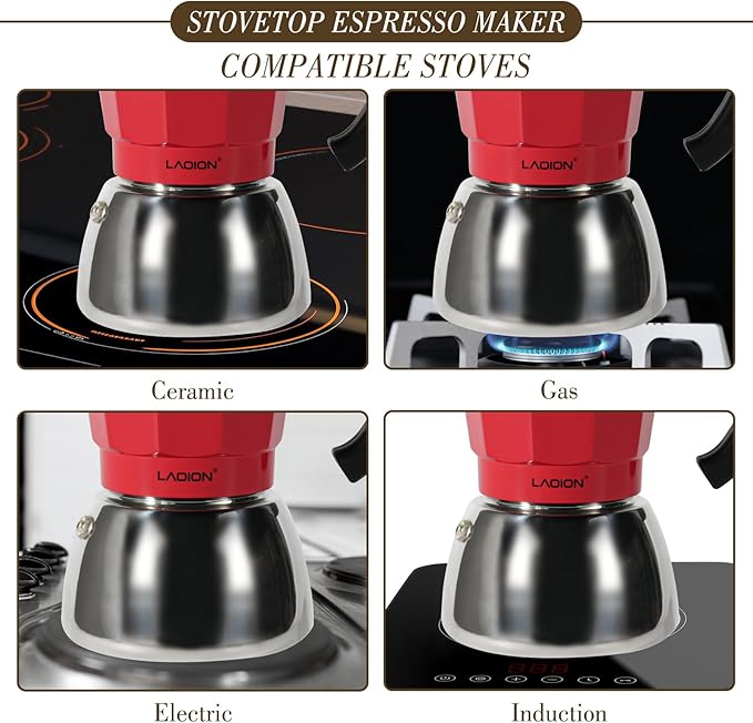 Stovetop Espresso Maker, 3Cup Moka Pot, Espresso Machine Compatible with Induction Cooktops, 150ml Stainless Steel & Aluminum Cuban Coffee Maker for Cafetera Cubana, Red