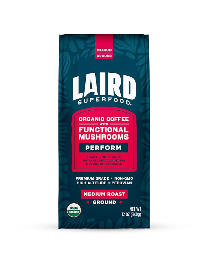 Laird Superfood Peruvian Medium Roast Coffee with Functional Mushrooms, Certified Organic Peruvian Ground Coffee Beans, Gluten-Free, Dairy-Free, Non-GMO, Paleo, Keto Friendly, 12 oz. Bag