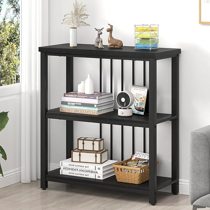 FOLUBAN Bookshelf, Modern 3 Tier Bookcase, Wood and Metal Book Shelves for Living Room Office Bedroom, Rustic Black Oak