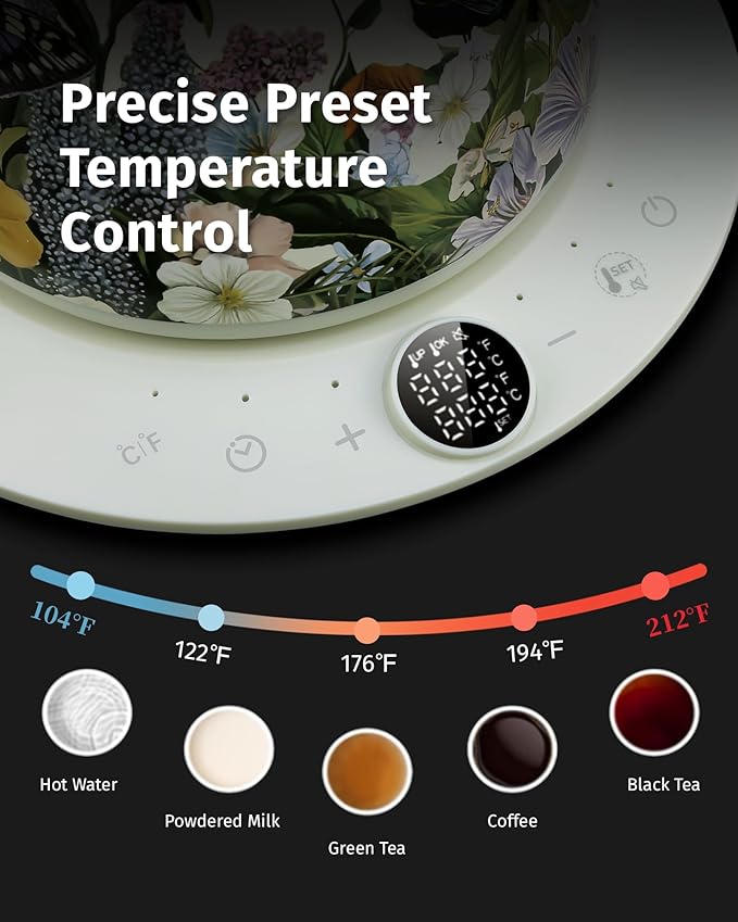 0.8L Gooseneck Electric Kettle, Precise Temperature Control for Pour Over Coffee & Tea, 1200W Fast Boiling Water, Auto Shut Off, Scheduling, Stainless Steel, Floral Painted Design