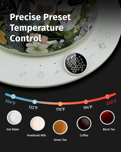 0.8L Gooseneck Electric Kettle, Precise Temperature Control for Pour Over Coffee & Tea, 1200W Fast Boiling Water, Auto Shut Off, Scheduling, Stainless Steel, Floral Painted Design