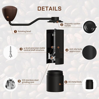 MAVO Manual Coffee Grinder, Wizard Hand Coffee Grinder, Capacity 25g with 2PCS CNC Stainless Steel Conical Burr -Pentagon and Hexagonal, Burr Coffee Bean Grinder for French Press, Pour Over, Black