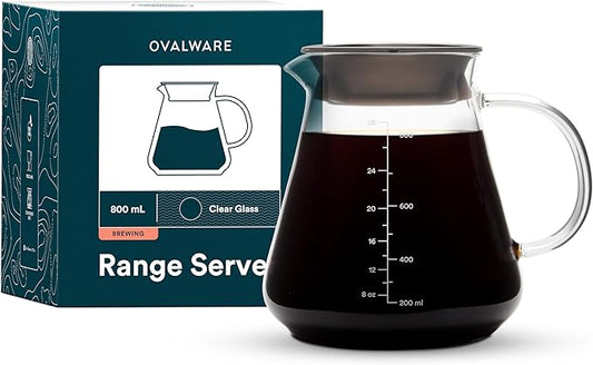 Glass Range Coffee Server For Pour Over Coffee & Tea - 800ml/27oz Ovalware Microwave Safe & Heatproof 2.5mm Thick Glass Body