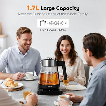 Electric Tea Kettle with Infuser 1.7L Glass Electric Kettle with Temperature Control Automatic Shut Off 12H Keep Warm for Tea Coffee Water Heater, Black