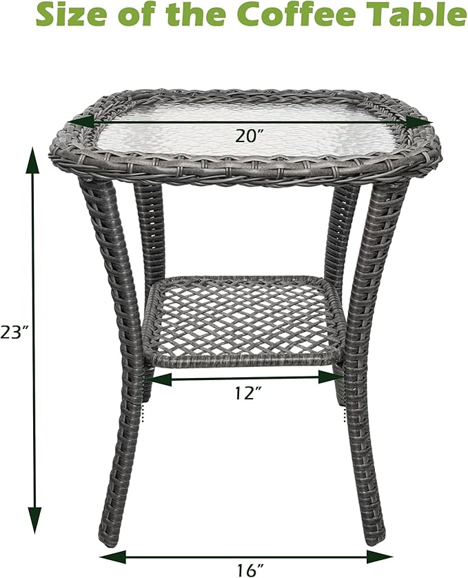 Wicker Side Table Outdoor, Patio Rattan Side Table with Glass Top and Storage Shelf, 23’’Tall Wicker Coffee Table for Yard, Deck, Garden