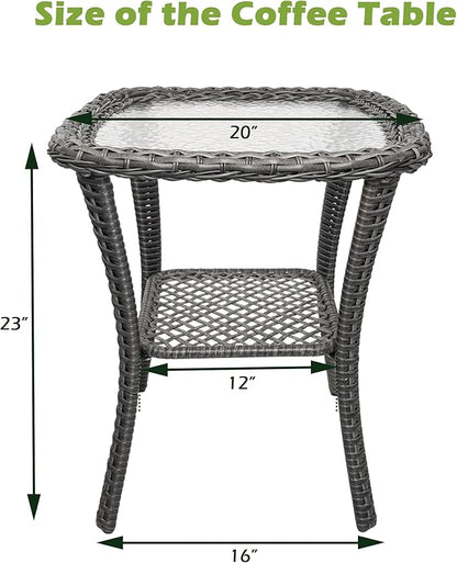 Wicker Side Table Outdoor, Patio Rattan Side Table with Glass Top and Storage Shelf, 23’’Tall Wicker Coffee Table for Yard, Deck, Garden