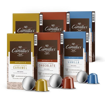 Camilla’s Heritage - Intensity 8 Flavored Espresso Coffee Variety Pack (Gourmet Chocolate, Vanilla & Caramel Espresso Cups) 60 Coffee Pods