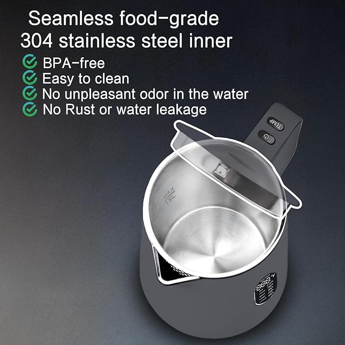 1.5L Electric Kettle Stainless Steel, Double Wall Cool Touch Teapot, Fast Boil,5 Temperature Control, LED Display, Auto Shut-Off, BPA-Free,Keep Warm Function, Ideal for Tea & Coffee,Gray