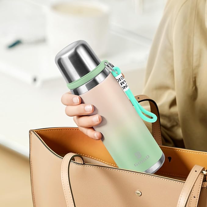 Stainless Steel thermo Bottles with cup 700ml/23.7oz Vacuum Insulated Bottle for hot and cold coffee drink water thermo flask with cup.(Gradient Green,700ml)