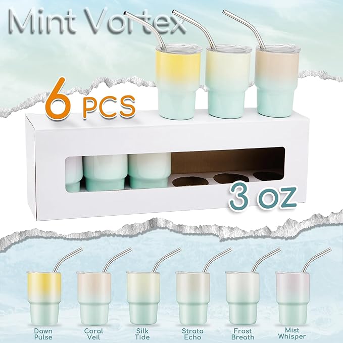 6 Pack 3 oz Sublimation Mini Tumbler Shot Glass with Straw and Lid, Gradient Color Insulated Stainless Steel Mini Tumblers Cups for Beach Birthday Wedding Parties, DIY Customizable Party Gift