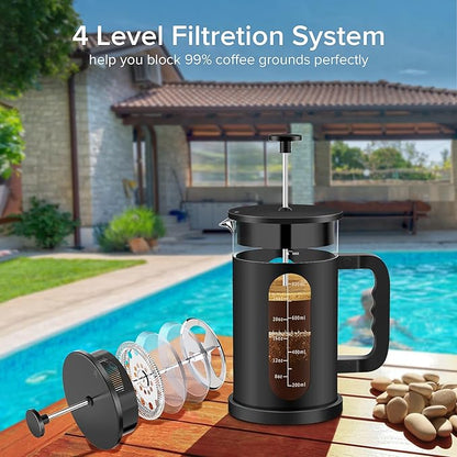 QUQIYSO French Press Coffee Maker, 304 Stainless Steel French Press with 4 Filter, Heat Resistant Borosilicate Glass, Easy to Clean, BPA Free Coffee Press Rust-Free Coffee Maker, 34 ounce, Black