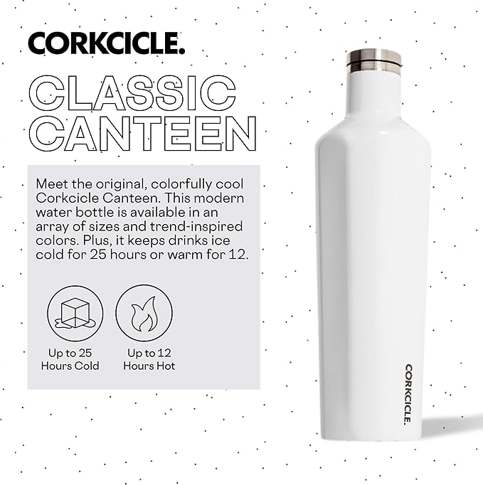 Corkcicle Classic Canteen Insulated Tumbler, Gloss White, 25 oz – Reusable Water Bottle Keeps Beverages Cold for 25 Hours & Hot 12 Hours – Cupholder Friendly Tumbler with Screw-On Cap