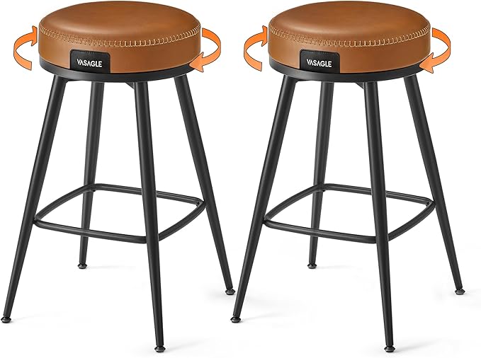 VASAGLE EKHO Collection - Swivel Bar Stools Set of 2, Counter Height Backless Bar Stools, Synthetic Leather with Stitching, Mid-Century Modern, 25.6-Inch Tall Kitchen Barstools for Home, Caramel Brown