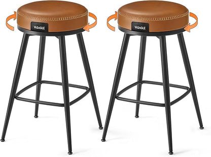 VASAGLE EKHO Collection - Swivel Bar Stools Set of 2, Counter Height Backless Bar Stools, Synthetic Leather with Stitching, Mid-Century Modern, 25.6-Inch Tall Kitchen Barstools for Home, Caramel Brown