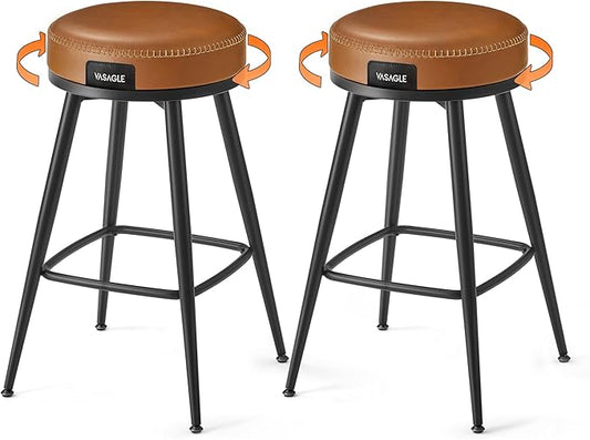 VASAGLE EKHO Collection - Swivel Bar Stools Set of 2, Counter Height Backless Bar Stools, Synthetic Leather with Stitching, Mid-Century Modern, 25.6-Inch Tall Kitchen Barstools for Home, Caramel Brown