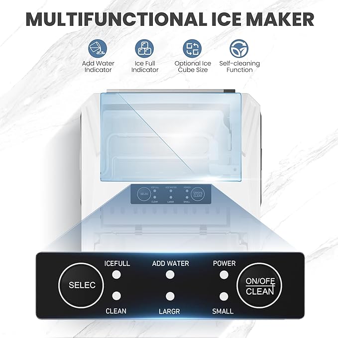 DUMOS Countertop Ice Maker, Portable 1.5L Ice Machine with Self-Cleaning, 26.5lbs/24H Fast Ice Making, 9 Bullet Ice Cubes in 6 Mins, 2 Size Options, Quiet Compact Ice Maker, Bright White