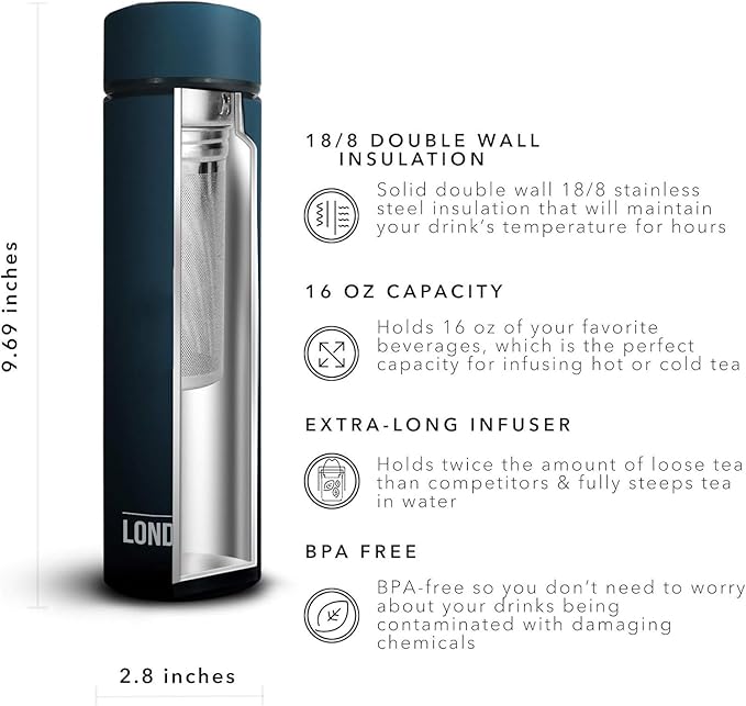 London Sip Multi-Purpose Travel Mug and Tumbler Fruit Infused Flask Hot and Cold Double Wall Stainless Steel Thermos with Extra-Long Infuser, Midnight Teal, Pack of 2