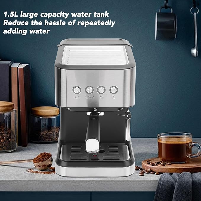 1.5L 1050W Semi Automatic Compact Coffee Machine with Milk Frothing System,20Bar High Pressure,Semi Automatic Vintage Espresso Machine,for Espresso Latte Cappuccino